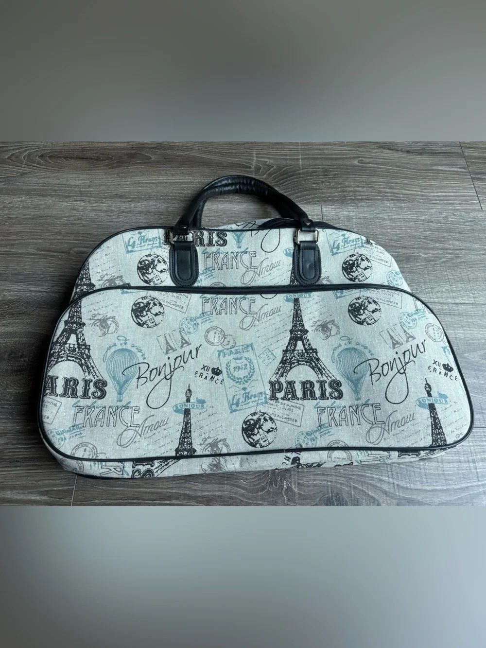 Paris Print Travel Weekender Bag in Light Gray and Black